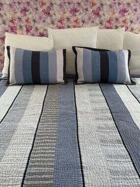 Nautica Coastal Quilt Bedspread Full Queen Blue Plaid Cotton 2 Pillow Shams READ